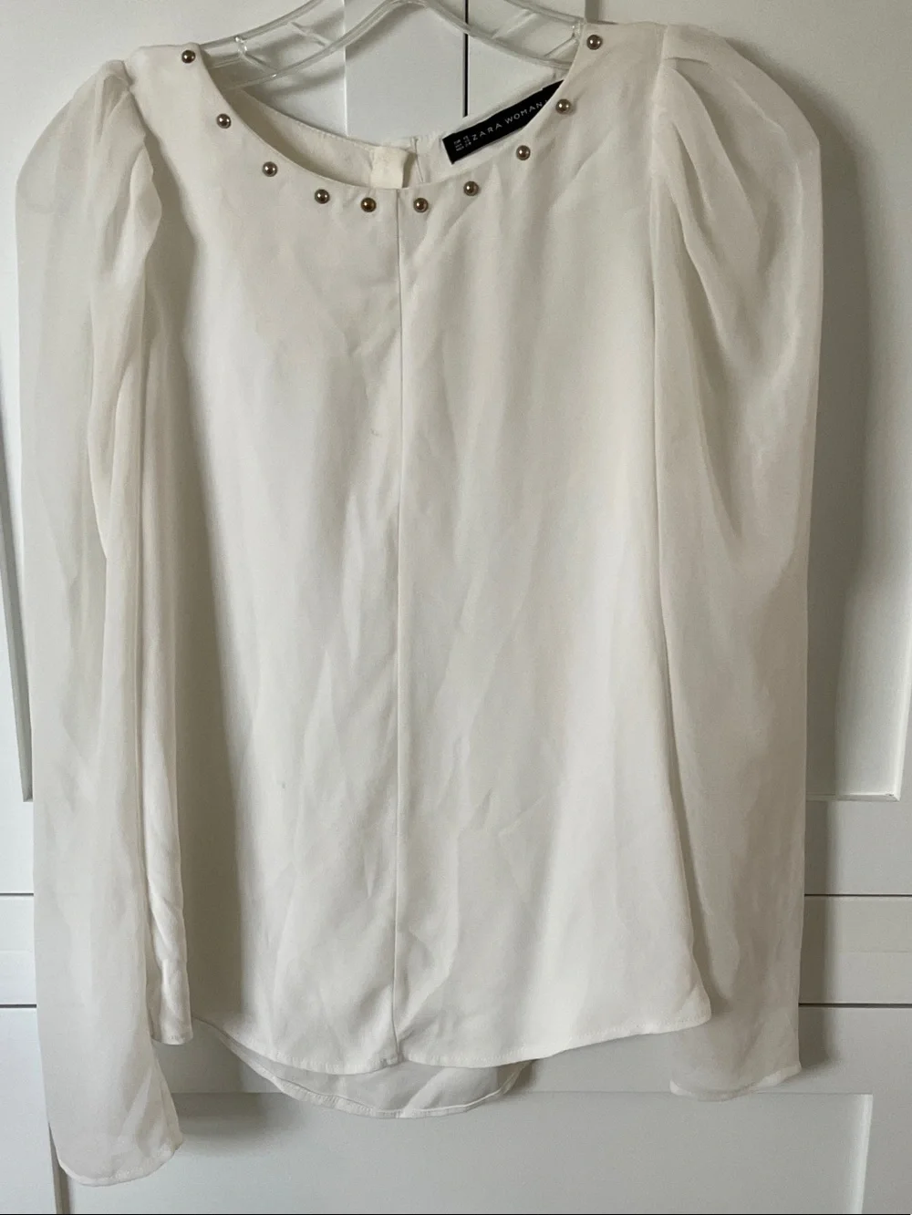 Zara Cream White Long-Sleeve Blouse with Studded Neckline